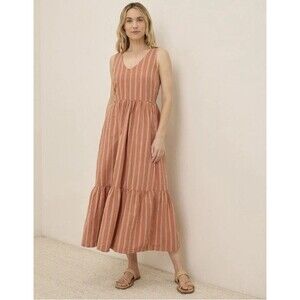 Pact Canopy Easy Tank Stripe Midi Dress Orange Organic Cotton Linen Blend